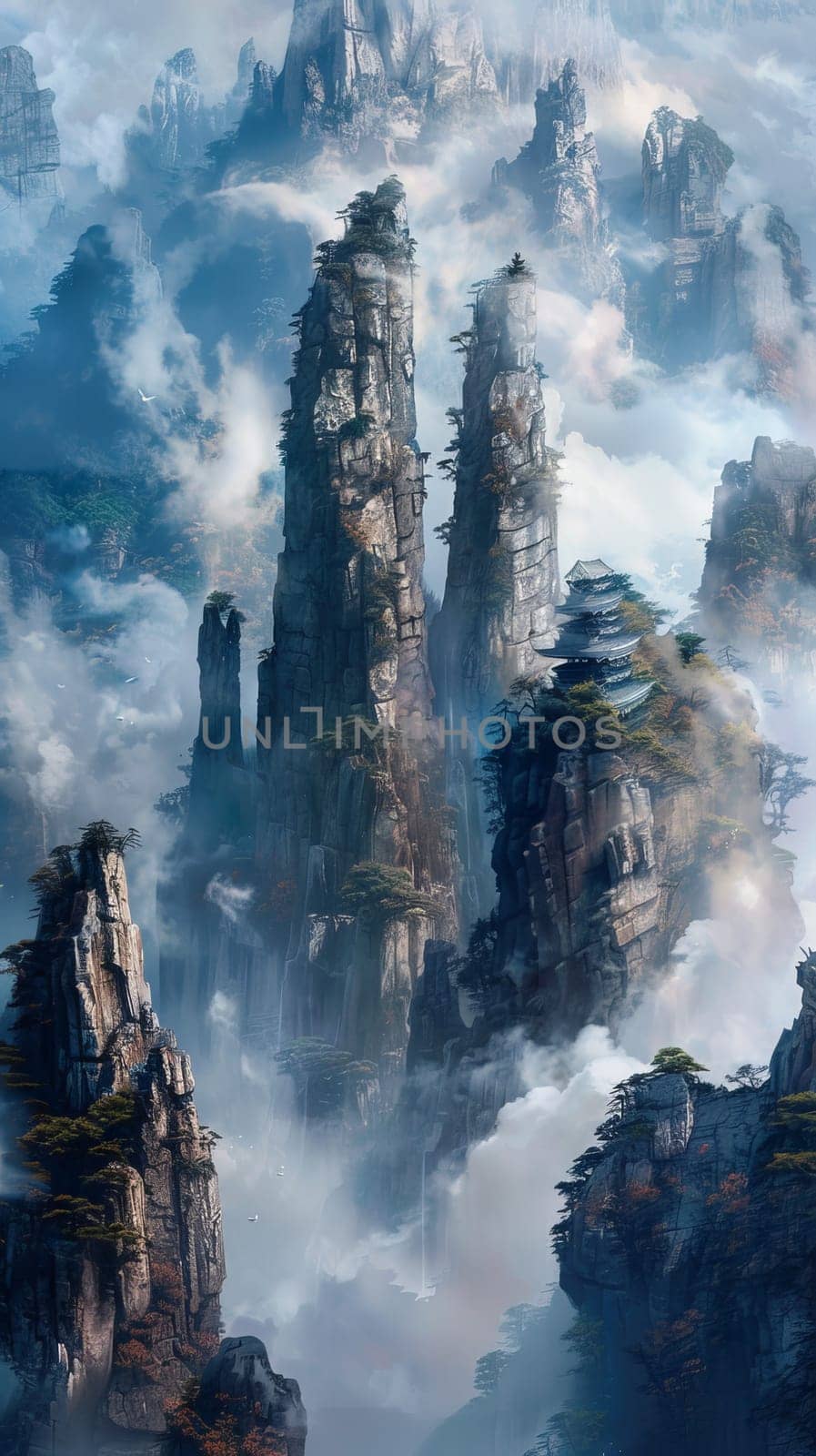 Towering mountain spires soaring into the clouds