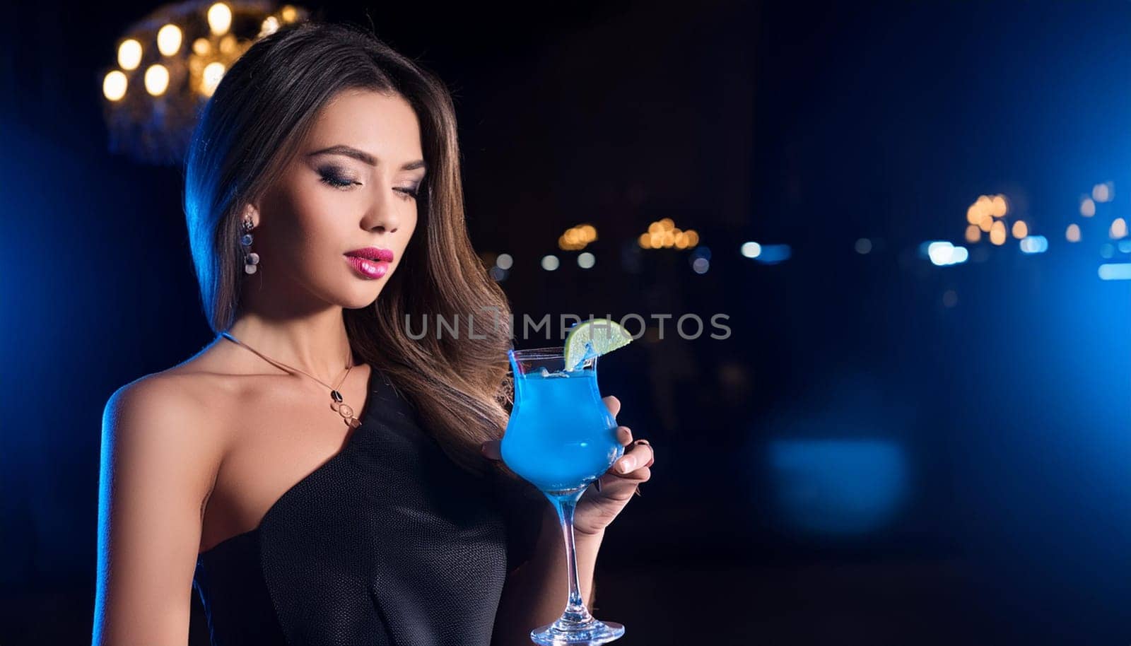 gorgeous woman drinking blue cocktail, AI generated image