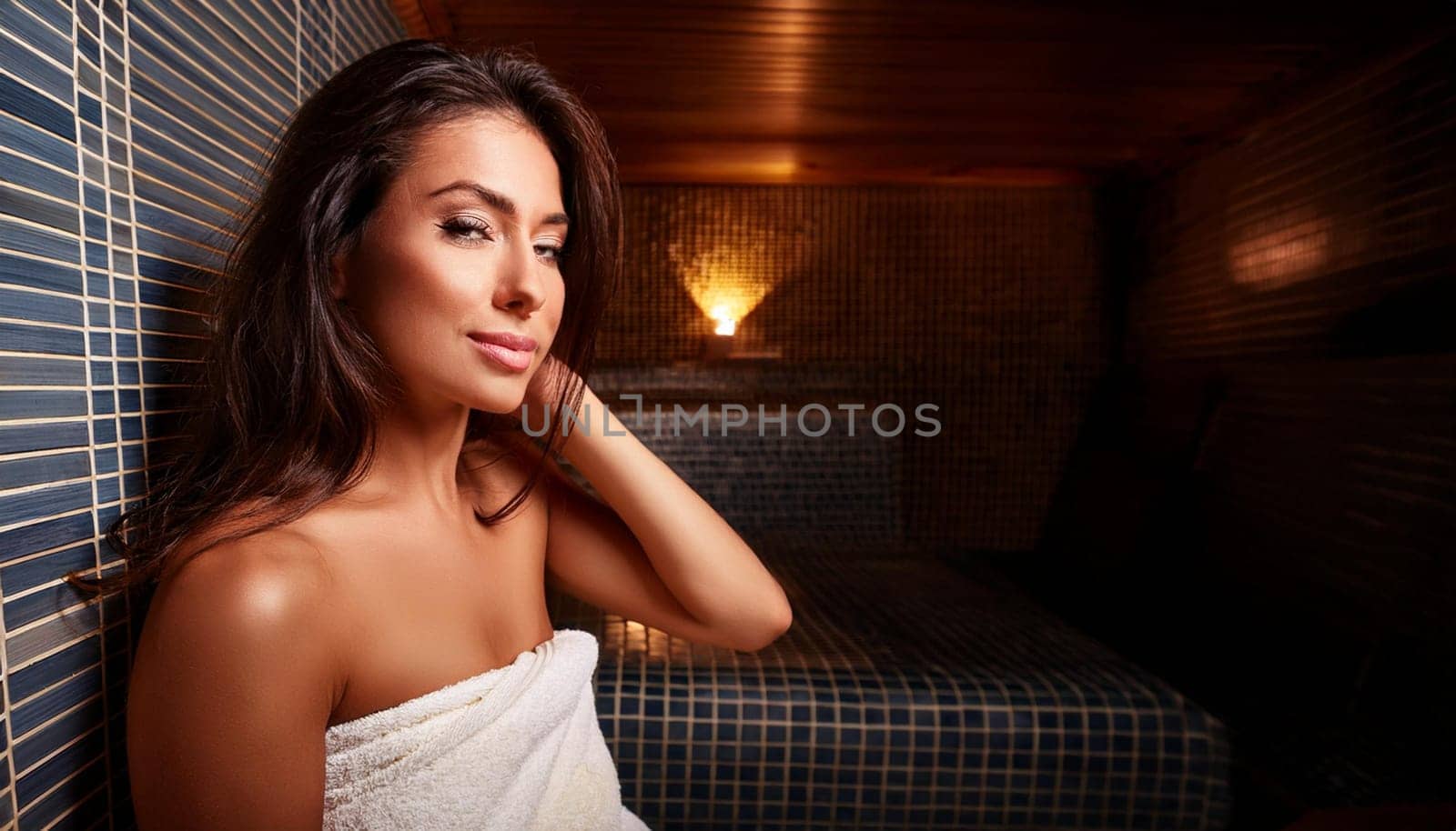 gorgeous young woman in sauna, AI generated image