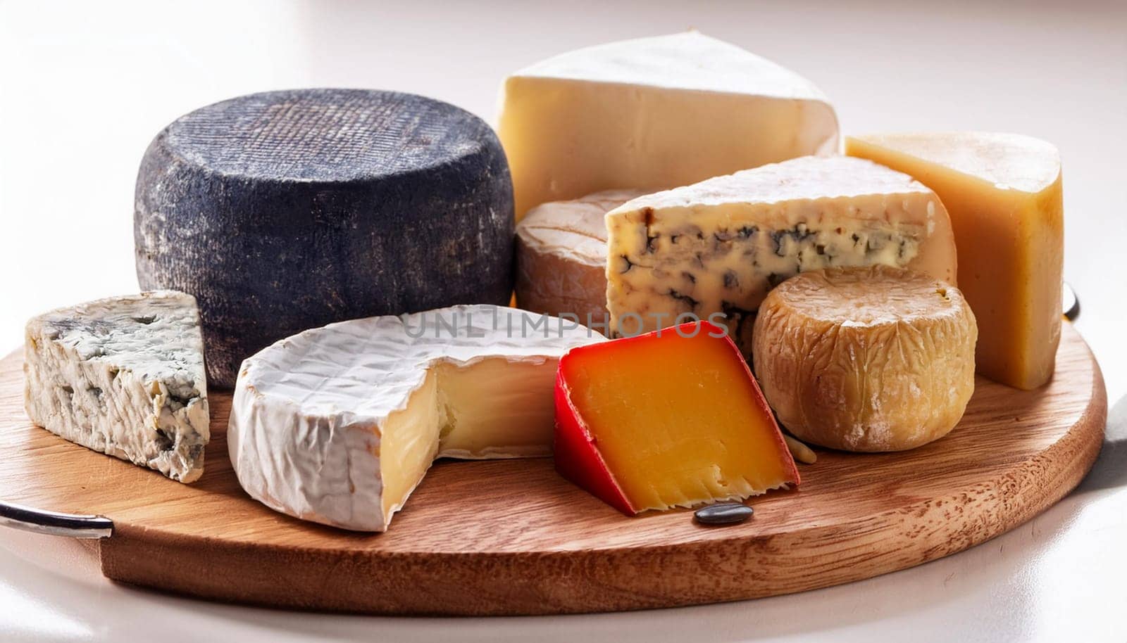 fine cheeses on a cutting board, AI generated image