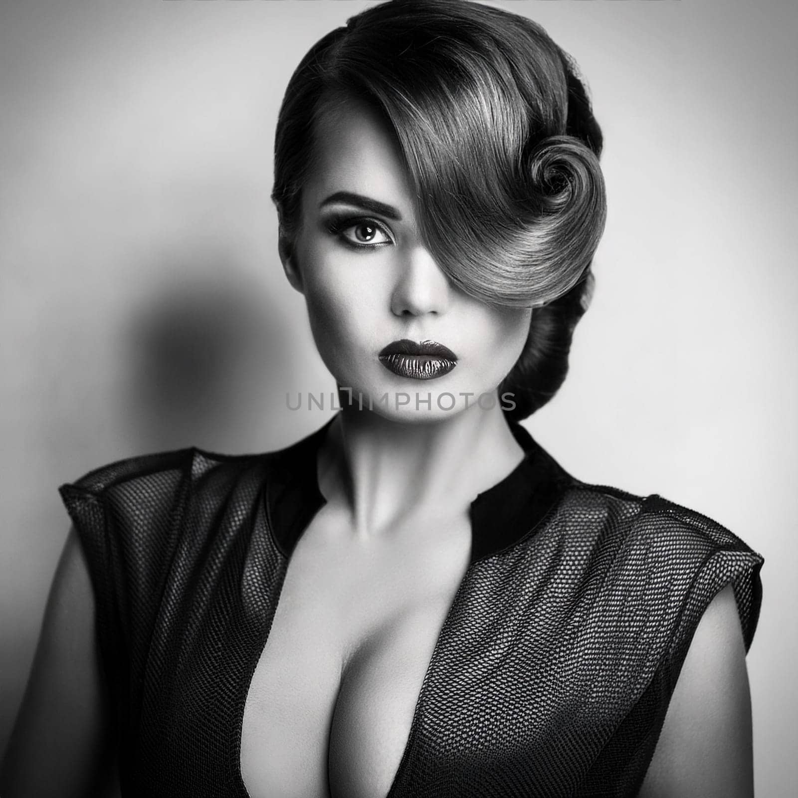 portrait of pretty young woman in black and white, AI generated image