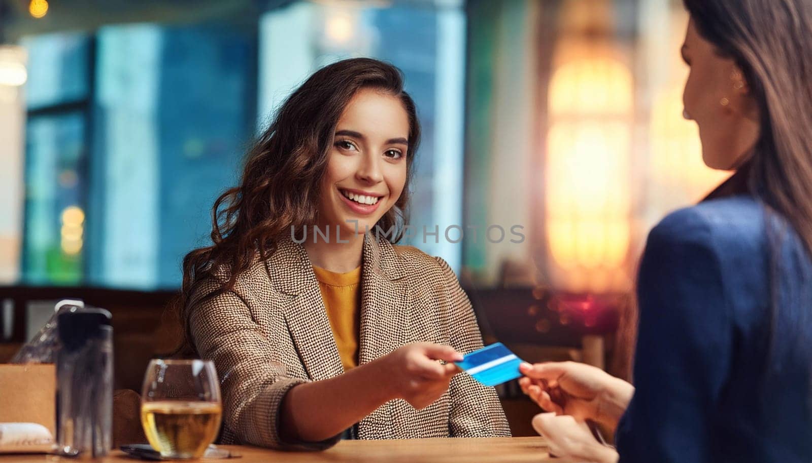 gorgeous young woman paying with credit card or debit card at restaurant, AI generated image