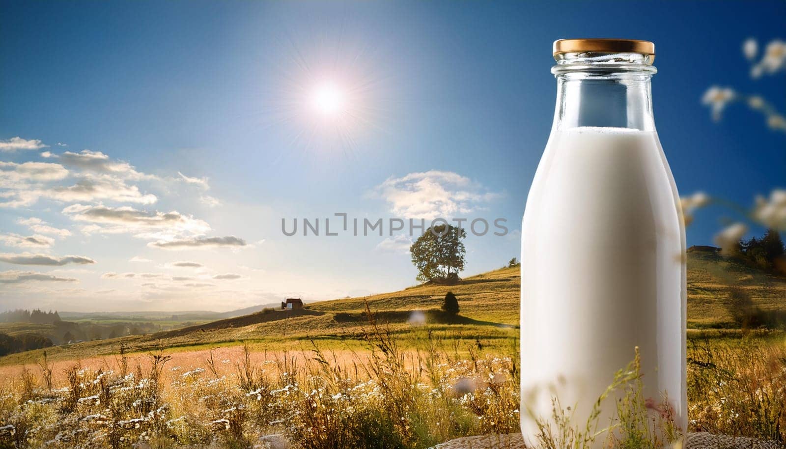 bottle of milk in natural landscape scene, AI generated image