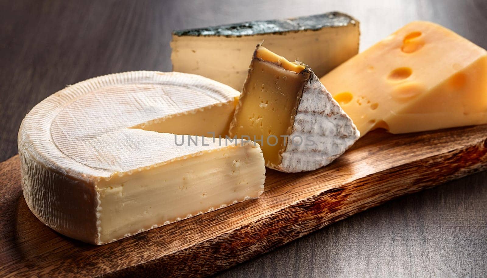 fine cheeses on a cutting board, AI generated image