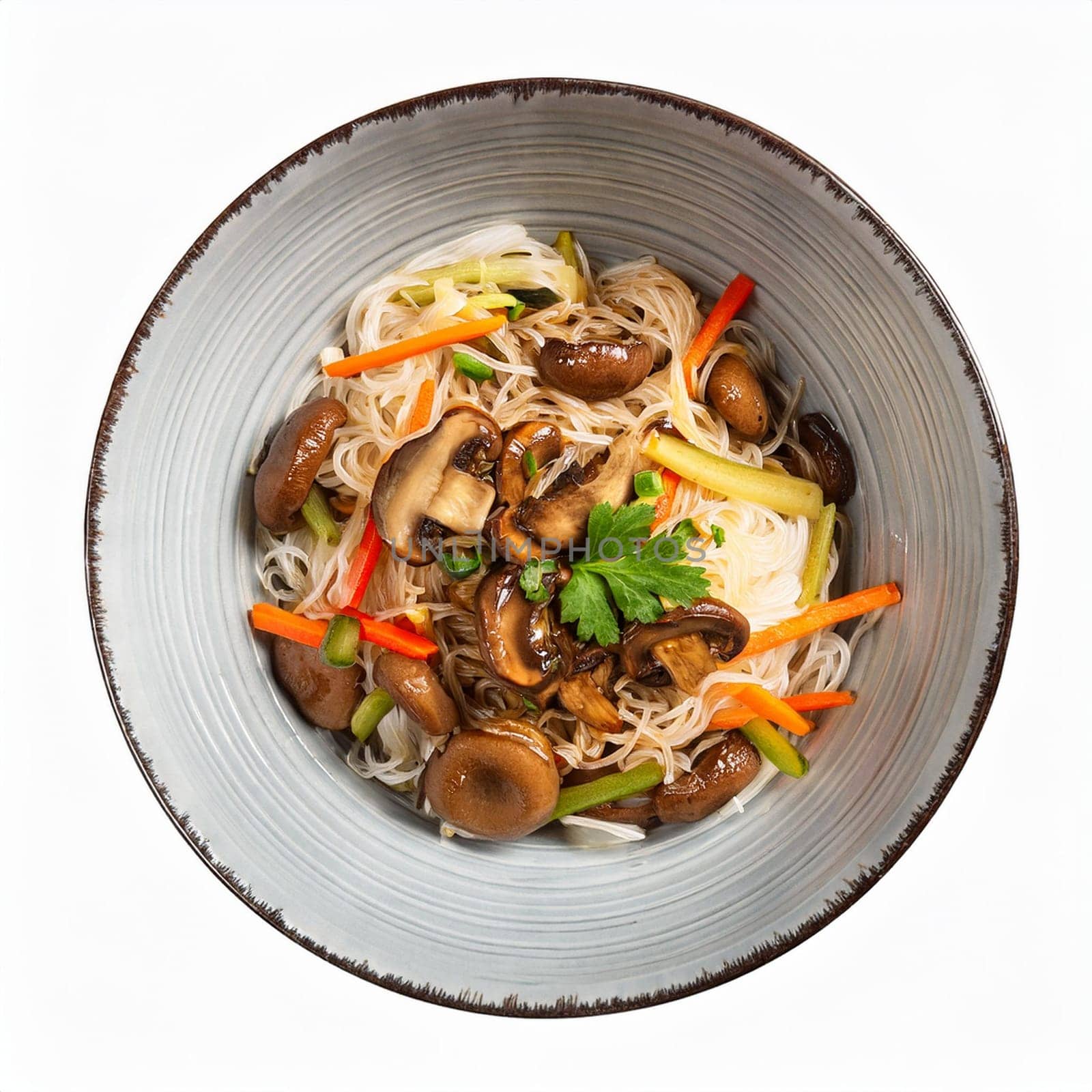 vegetarian asian rice noodles with shiitake mushrooms and vegetables, AI generated image