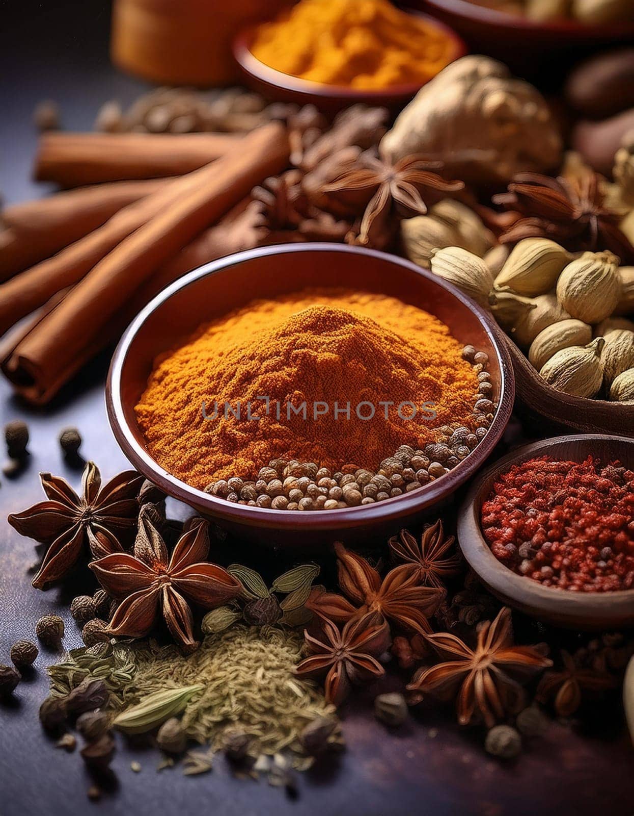 many hot indian spices including curry and curcuma, AI generated image