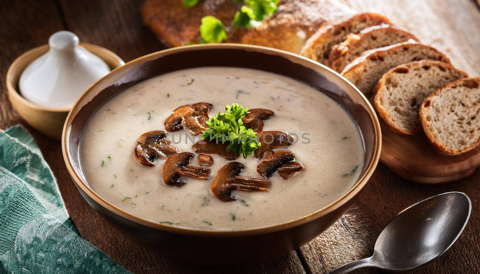 mushrooms cream soup with roasted bread, AI generated image