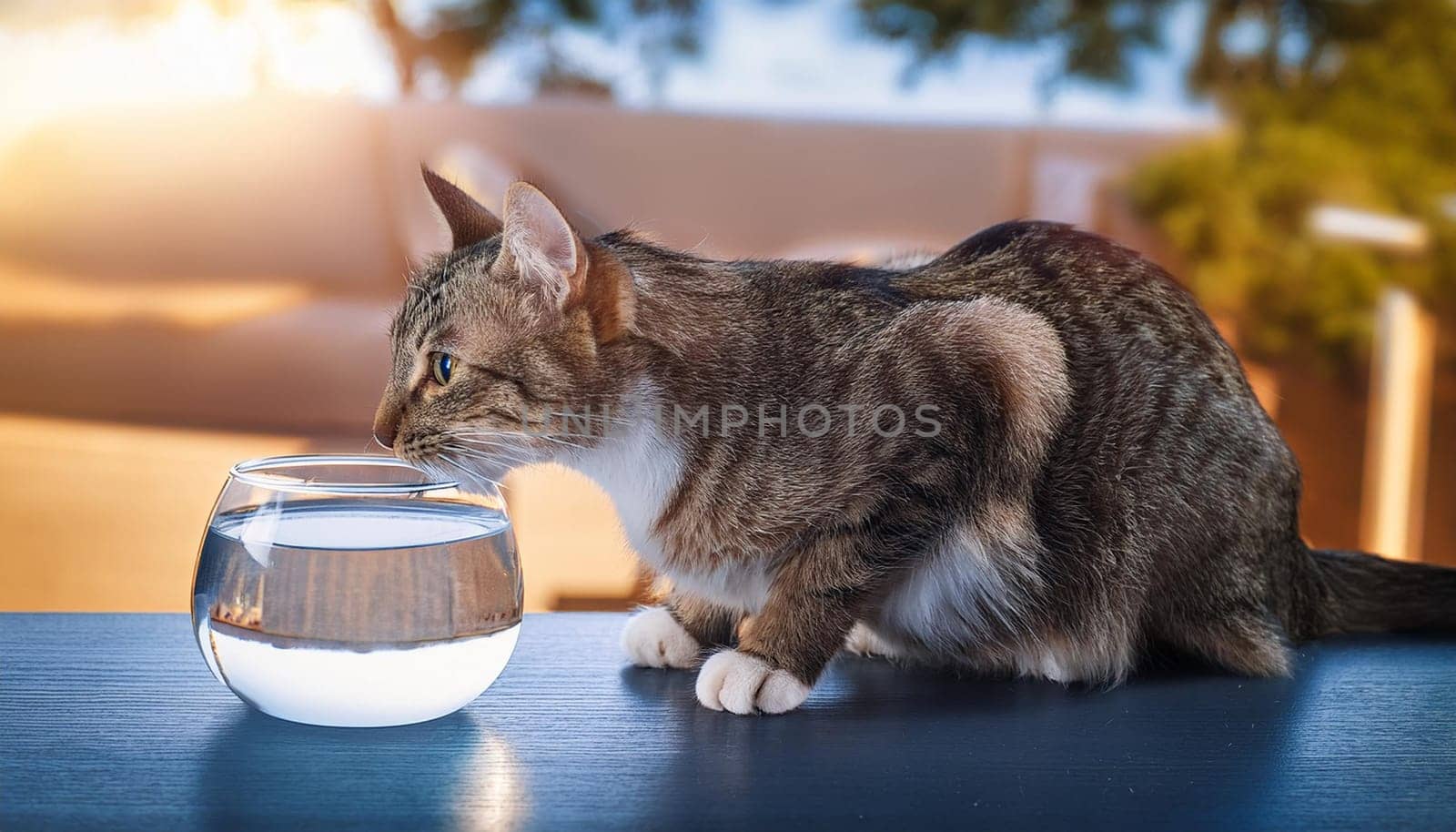 grey tabby cat drinking water, AI generated image