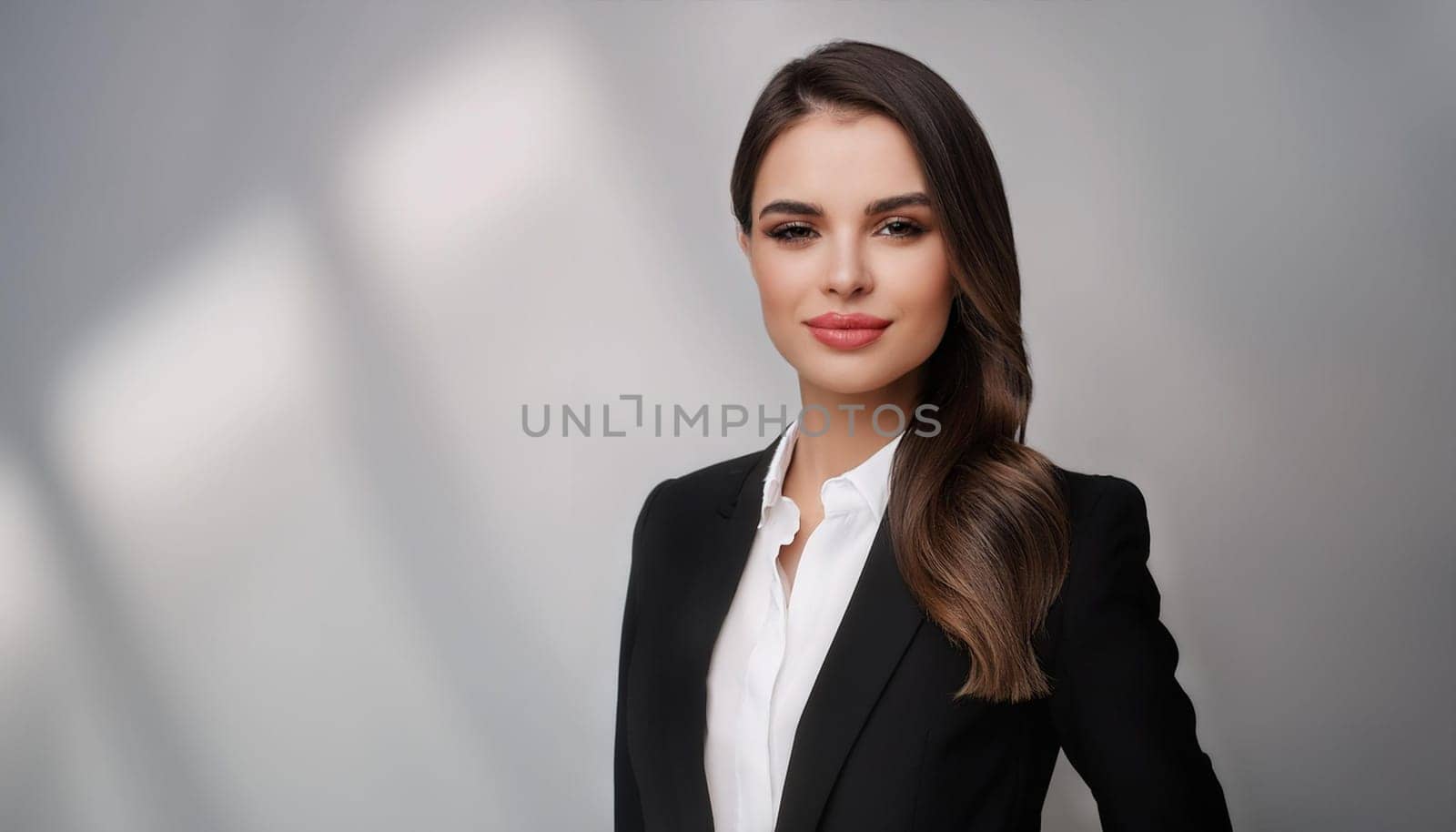 gorgeous young woman in black suit and white shirt, AI generated image