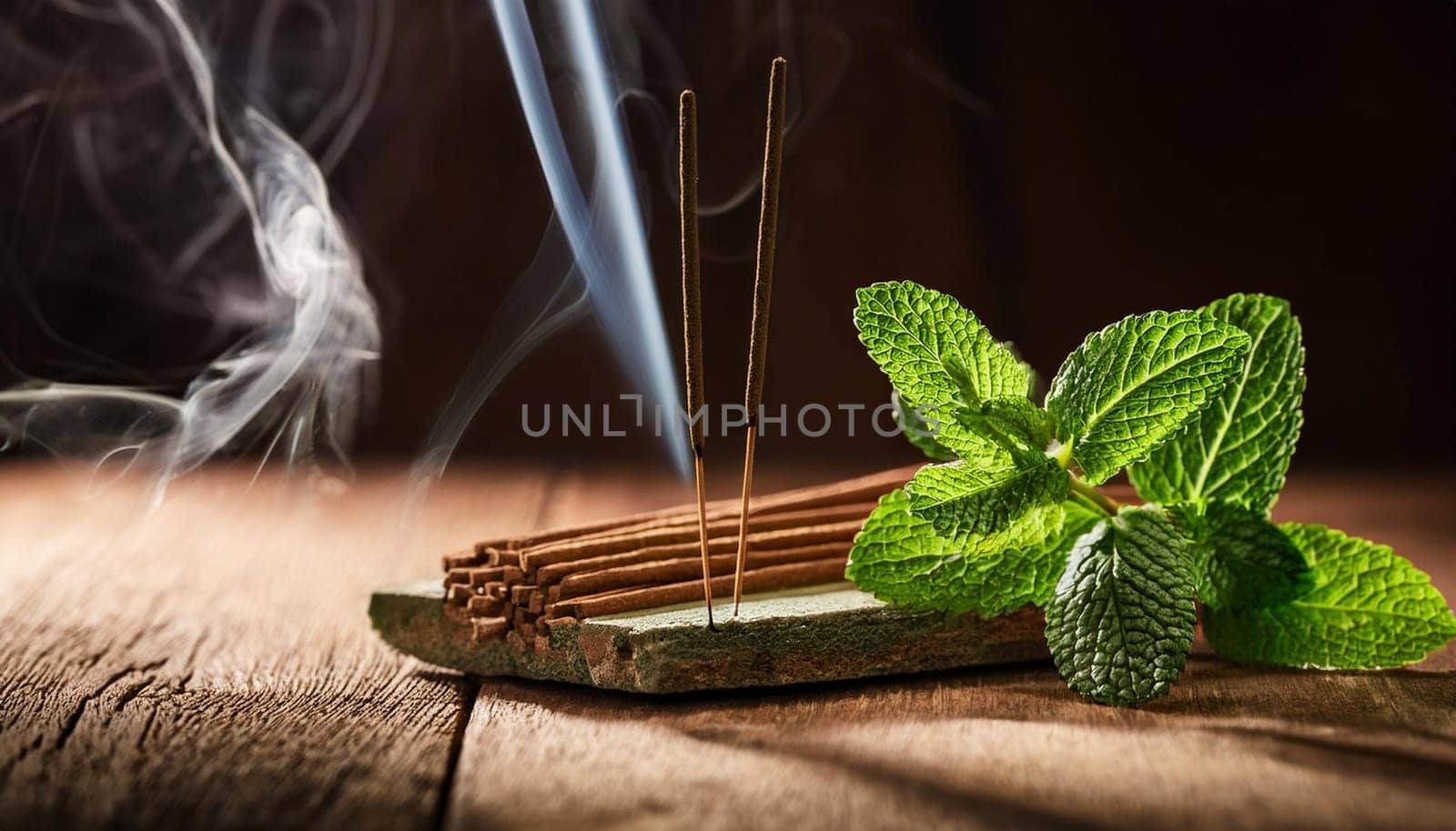 incense burning and peppermint, AI generated image