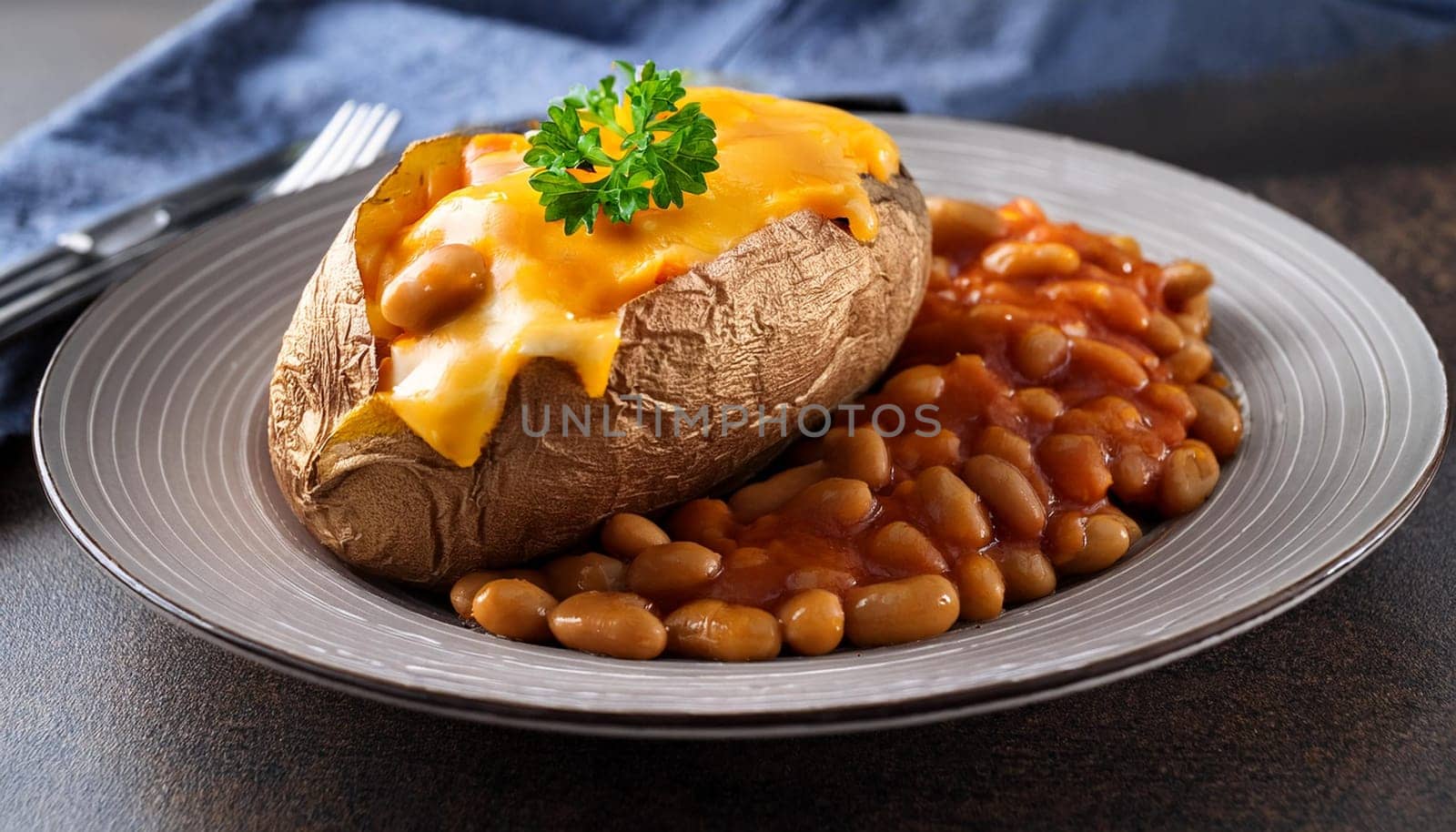 jacket potato with baked beans and cheddar cheese vegetarian food, AI generated image