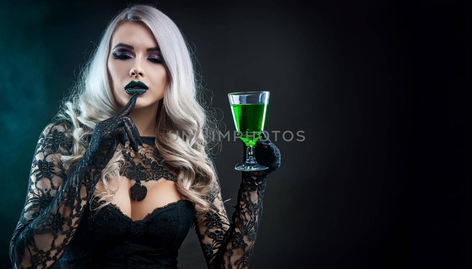 pretty young goth woman drinking absinthe, AI generated image