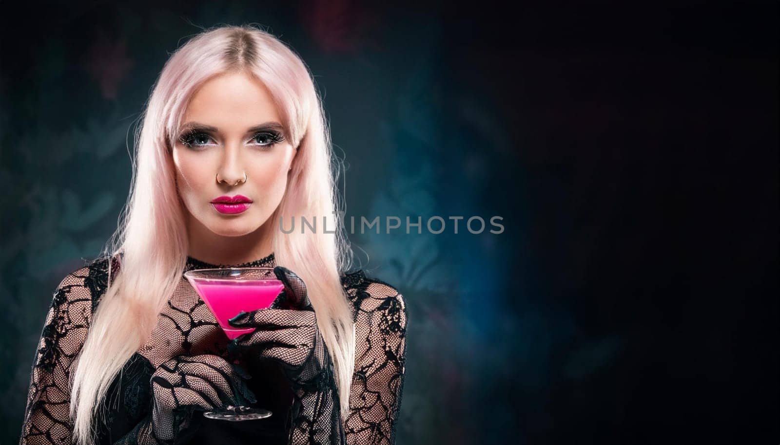 pretty young goth woman drinking, AI generated image