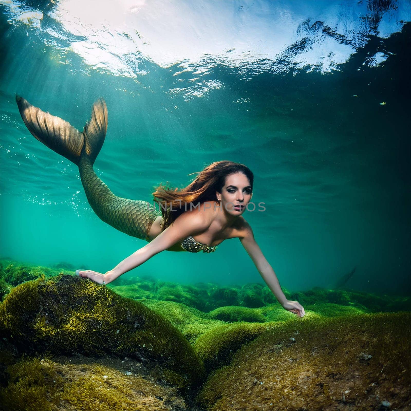 pretty young mermaid woman swimming in the sea, AI generated image