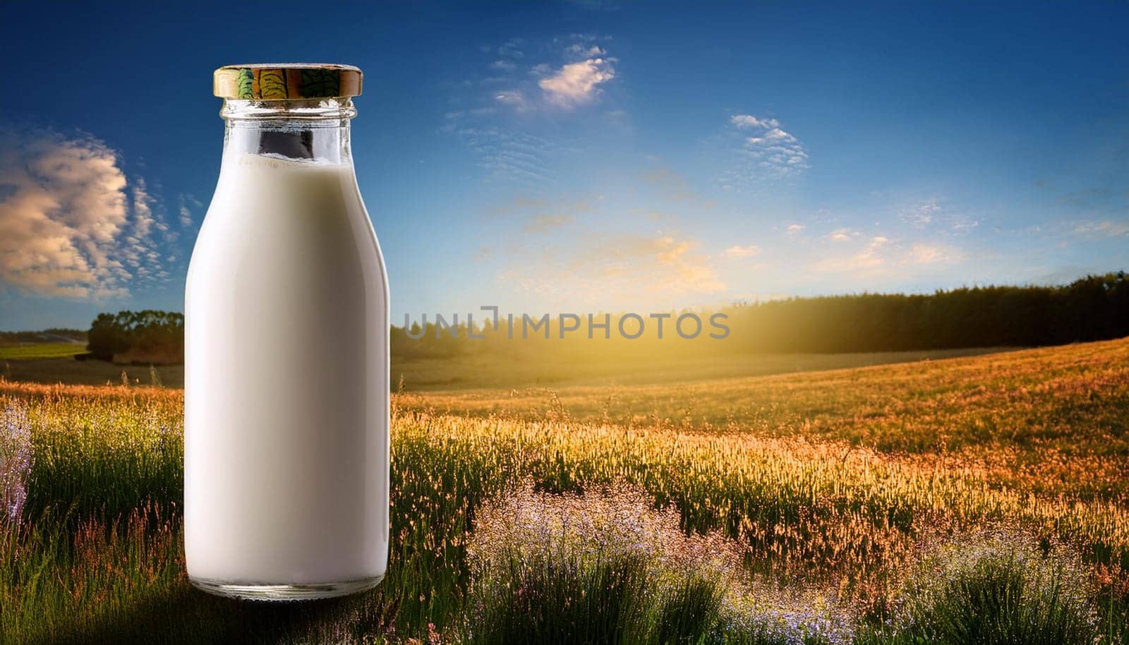 bottle of milk in natural landscape scene, AI generated image