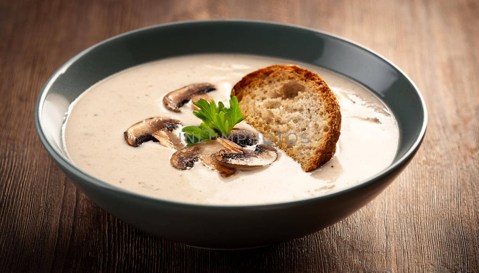mushrooms cream soup with roasted bread, AI generated image