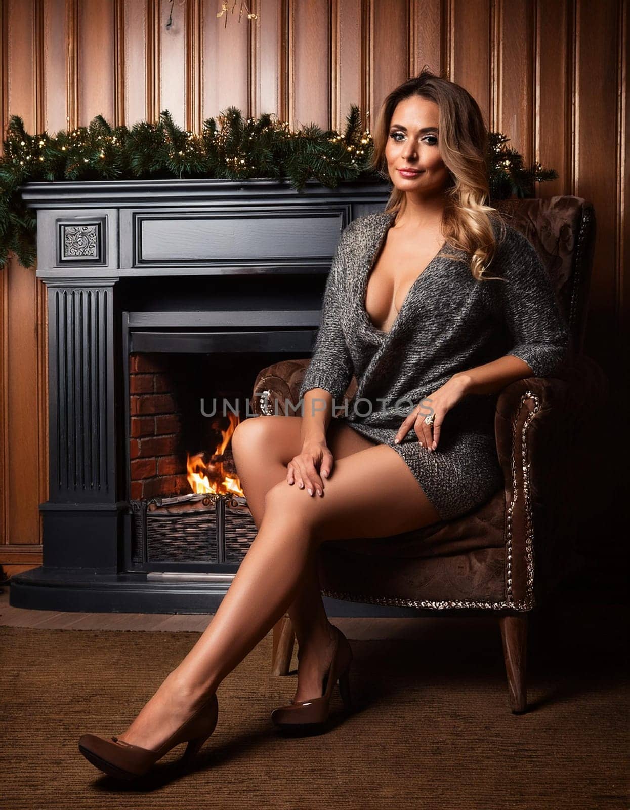 gorgeous young woman seated by the fireplace, AI generated image