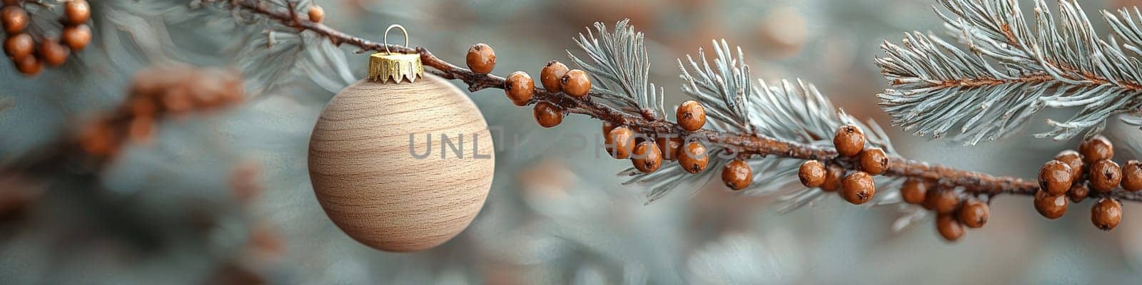 A minimalist advertising photo featuring a large, smooth wooden ball ornament hanging on a lush Christmas tree branch. The background is clean and white, with ample space for text, highlighting the ornament's natural aesthetic. Soft, low lighting enhances the organic texture of the wood against the simplicity of the backdrop.