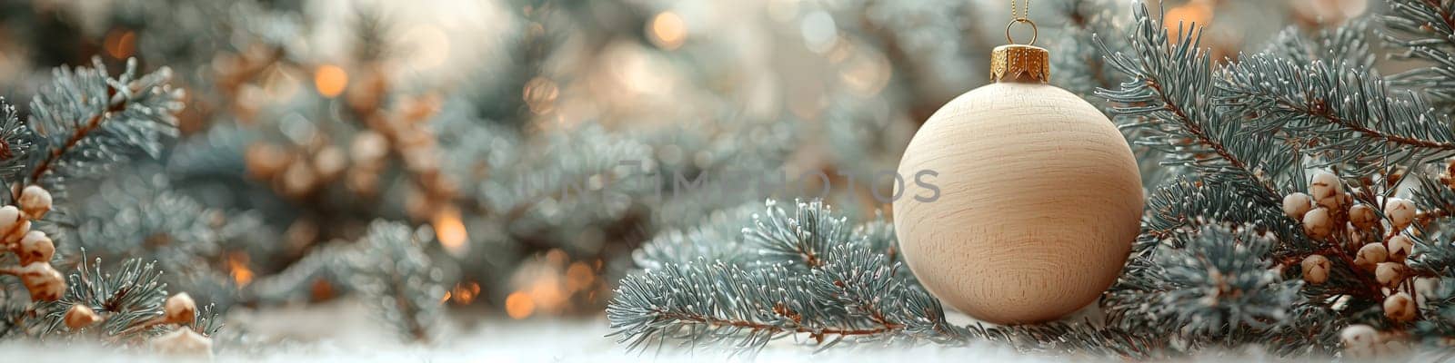 A minimalist advertising photo featuring a large, smooth wooden ball ornament hanging on a lush Christmas tree branch. The background is clean and white, with ample space for text, highlighting the ornament's natural aesthetic. Soft, low lighting enhances the organic texture of the wood against the simplicity of the backdrop.