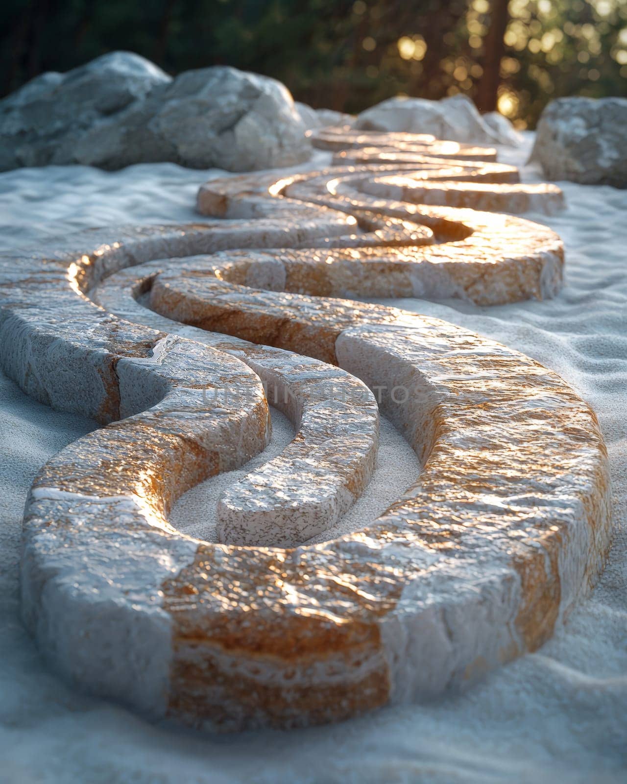 A photo-realistic image of an intricately arranged spiral pattern made from stones and pebbles on a sandy beach. The design stretches elegantly across the sand, capturing the serene and creative beauty of nature and human artistry.