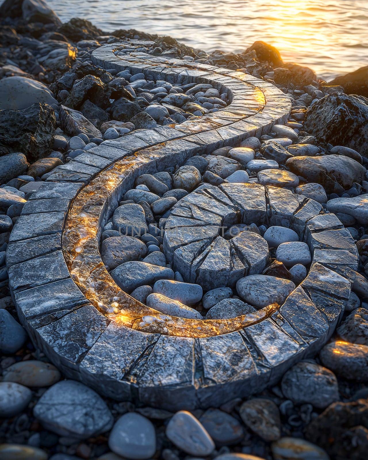 A photo-realistic image of an intricately arranged spiral pattern made from stones and pebbles on a sandy beach. The design stretches elegantly across the sand, capturing the serene and creative beauty of nature and human artistry.