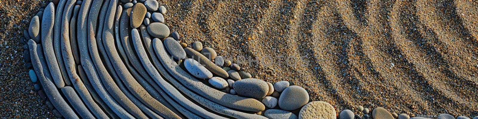 A photo-realistic image of an intricately arranged spiral pattern made from stones and pebbles on a sandy beach. The design stretches elegantly across the sand, capturing the serene and creative beauty of nature and human artistry.