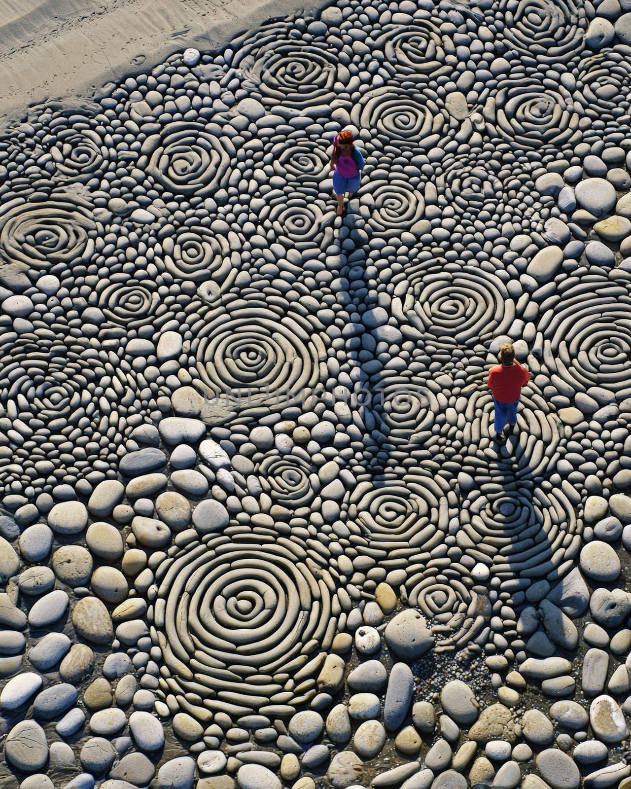 A photo-realistic image of an intricately arranged spiral pattern made from stones and pebbles on a sandy beach. The design stretches elegantly across the sand, capturing the serene and creative beauty of nature and human artistry.