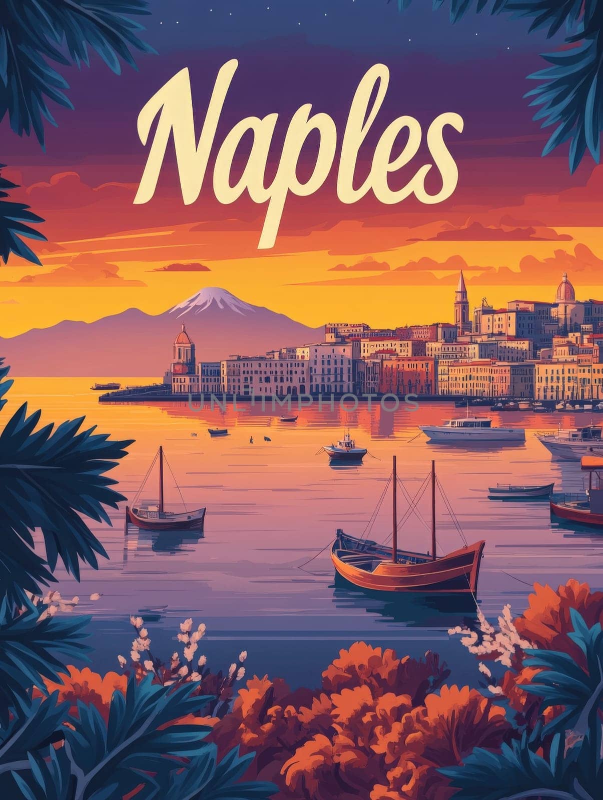 This mid-century modern travel poster captures the beauty of Naples at sunset, highlighting boats on calm waters and picturesque coastal views framed by lush foliage.