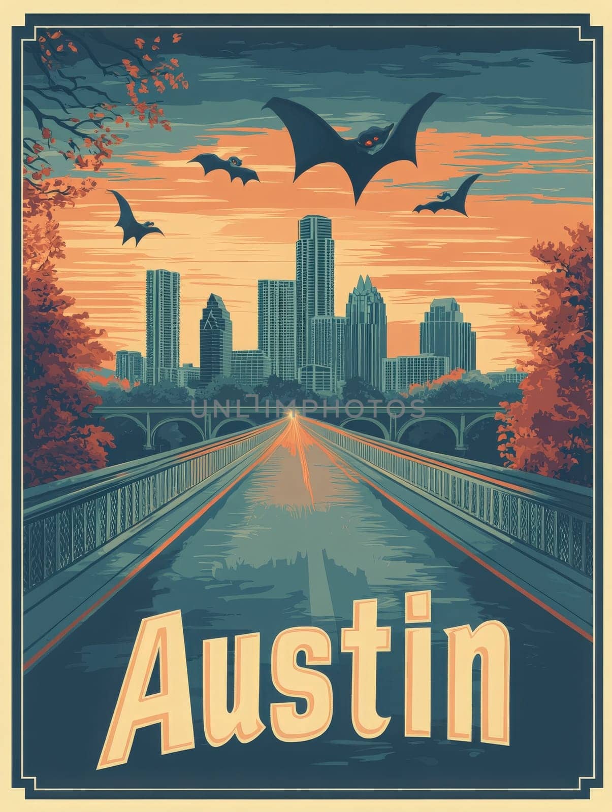 This retro travel poster showcases Austins stunning skyline at sunset, with iconic bats soaring above a scenic bridge, inviting visitors to experience the citys dynamic atmosphere.