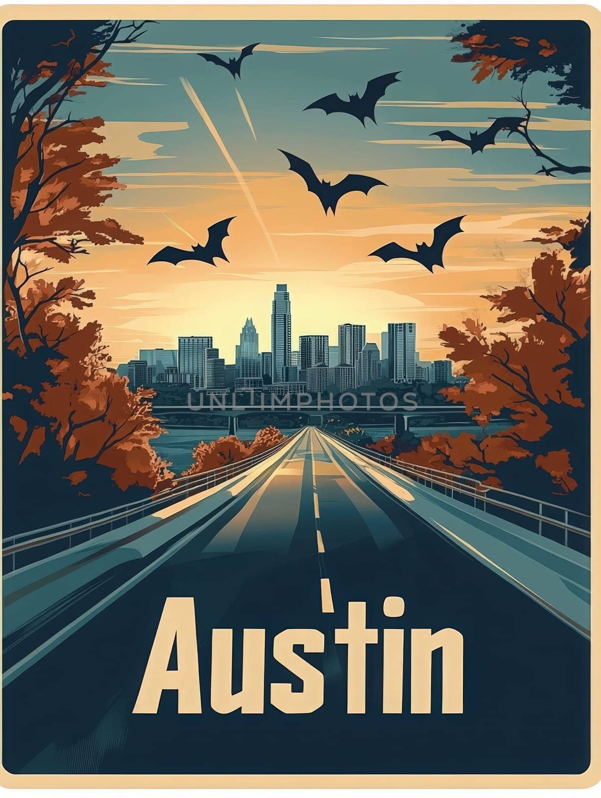 The illustration captures a scenic view of Austins skyline under a warm sunset, framed by autumn trees and flying bats. A winding road leads toward the city, evoking a sense of adventure.