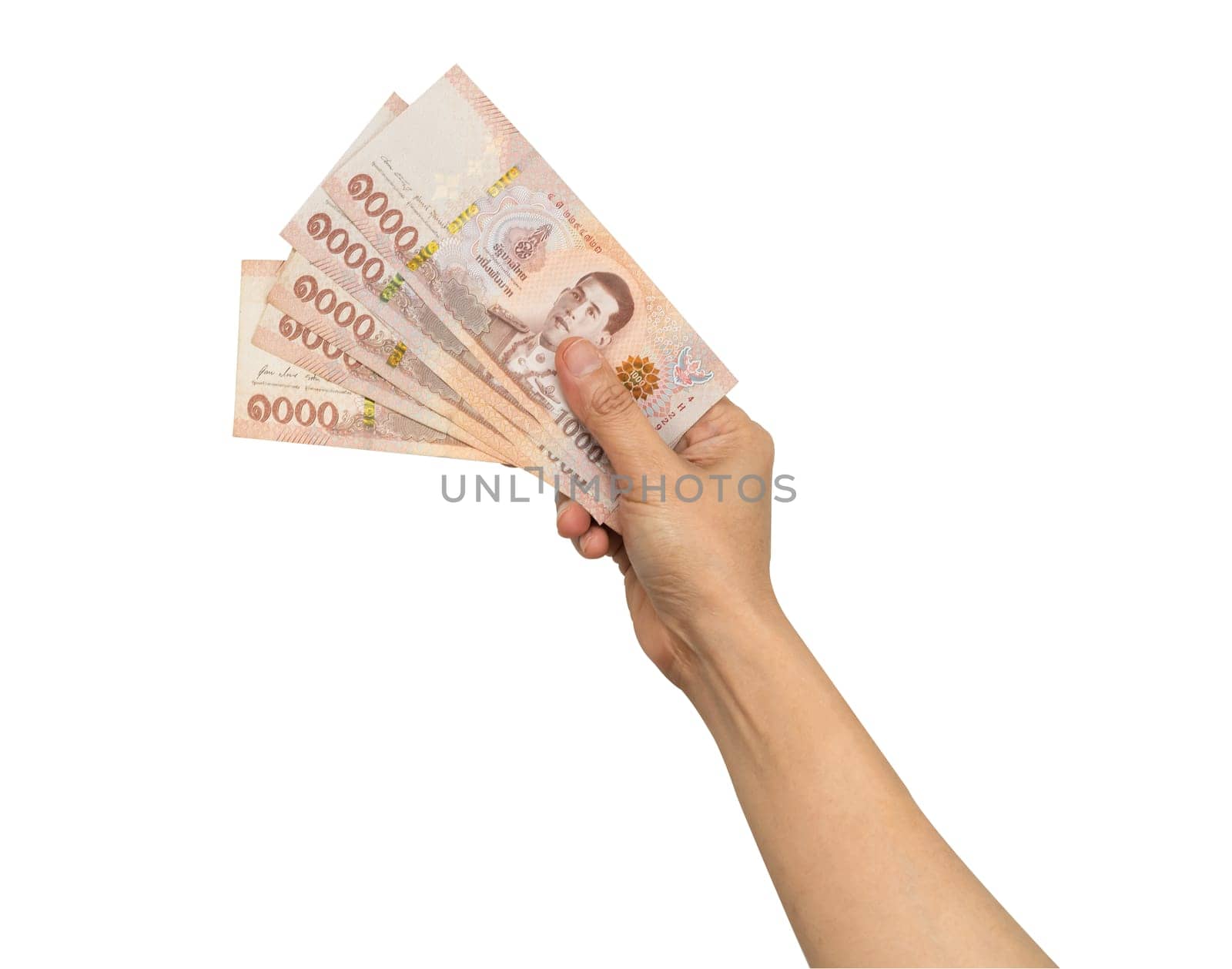 Asian woman holding Thai baht banknote money in hand isolated on white background with clipping path.