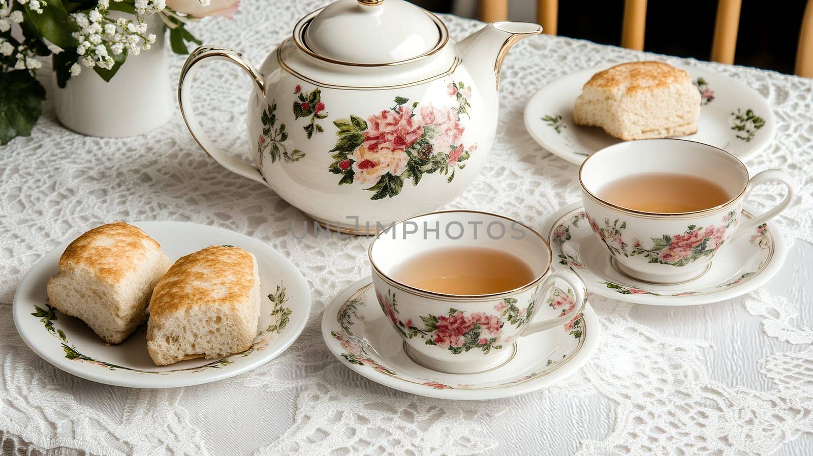 A refined afternoon tea setup with floral china, scones, and tea cups on a lace tablecloth, exuding classic charm.
