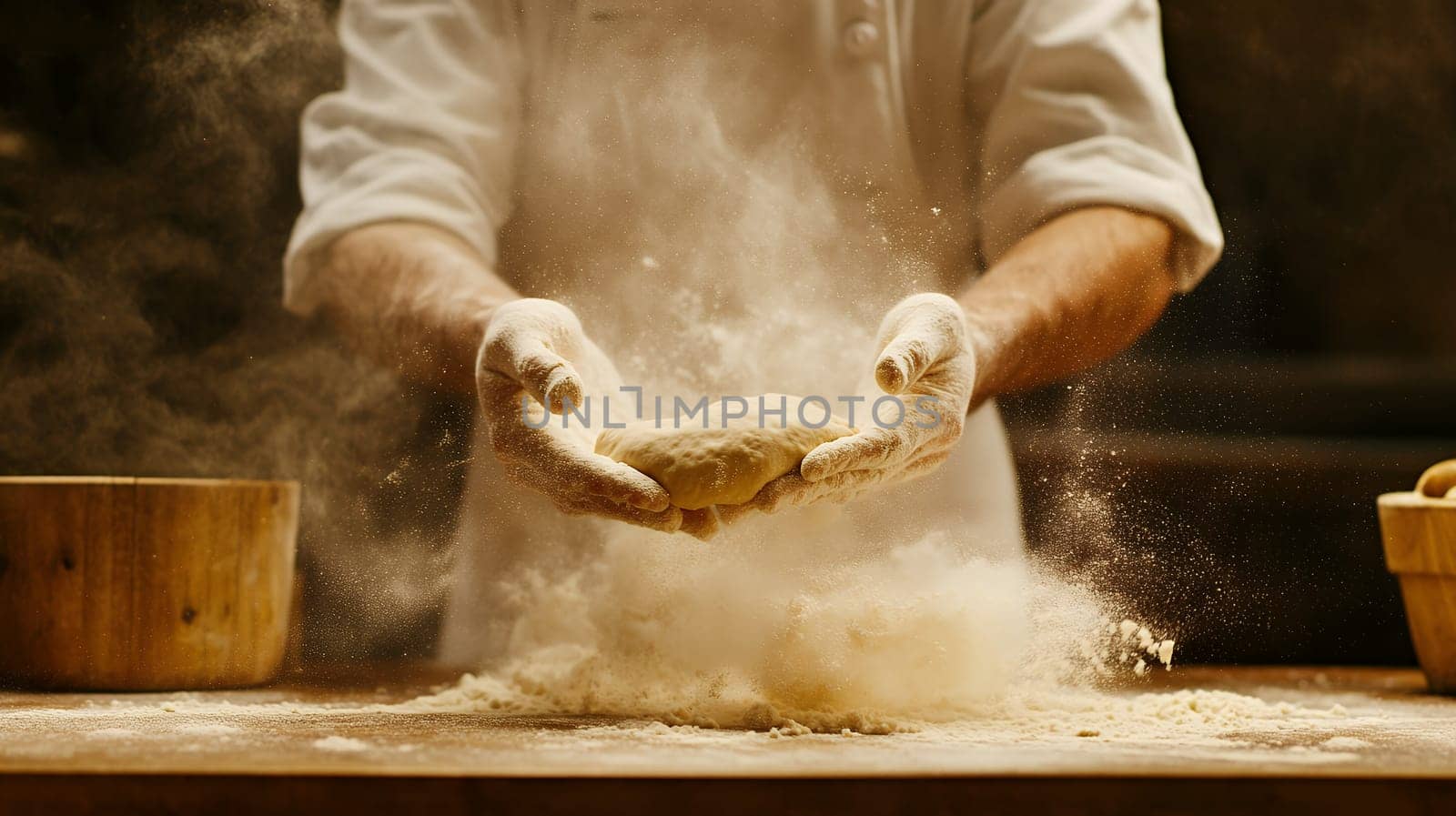 A baker expertly tossing dough amidst a cloud of flour, capturing the artistry and passion of baking.