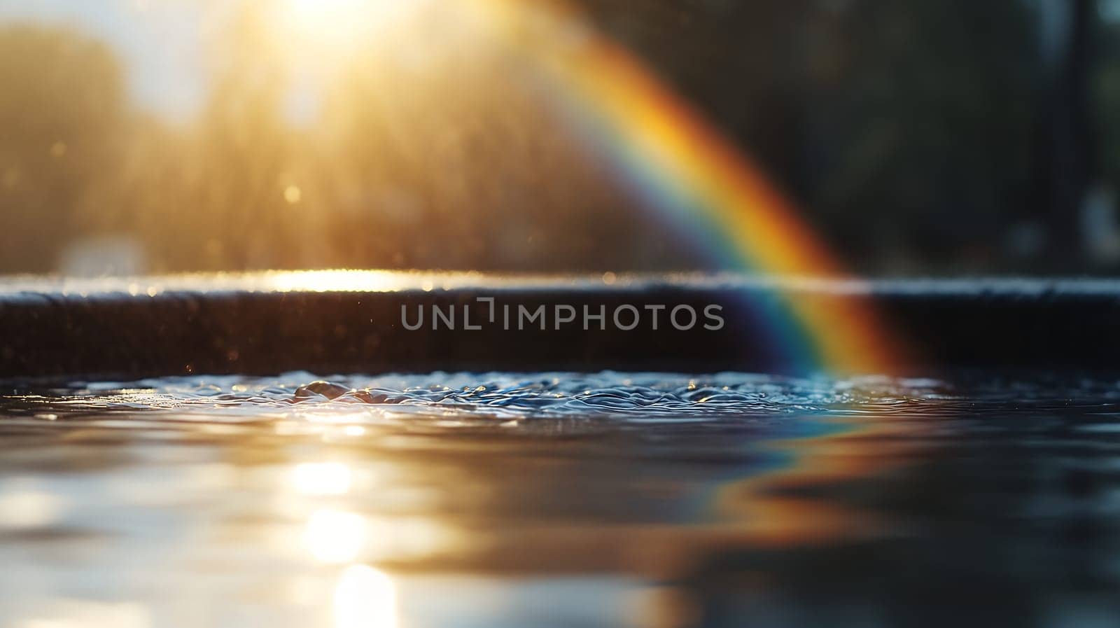 A vibrant rainbow reflects on a water surface, beautifully illuminated by the golden sunlight, creating a serene scene.