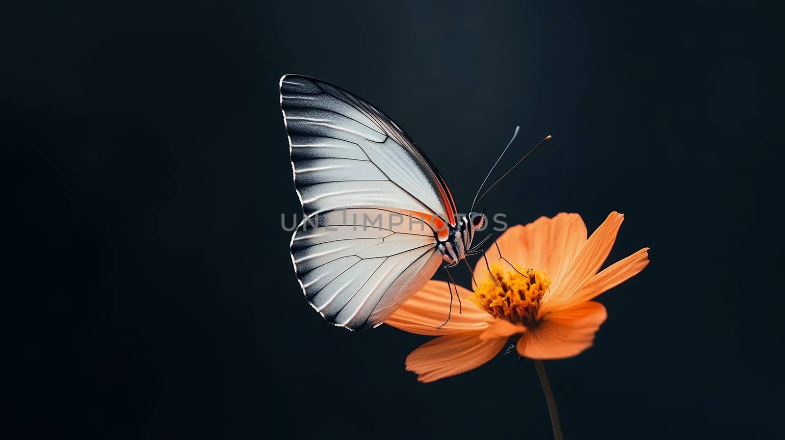 A delicate butterfly perched on a vibrant orange flower, displaying the beauty of natures harmony.