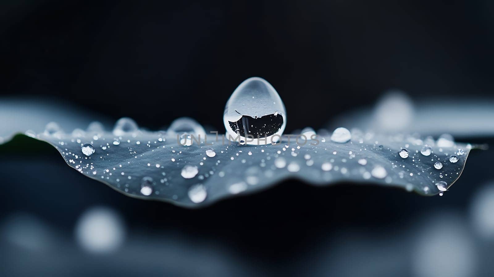 A macro shot of water droplets resting on a leaf, capturing the intricate details and beauty of nature.