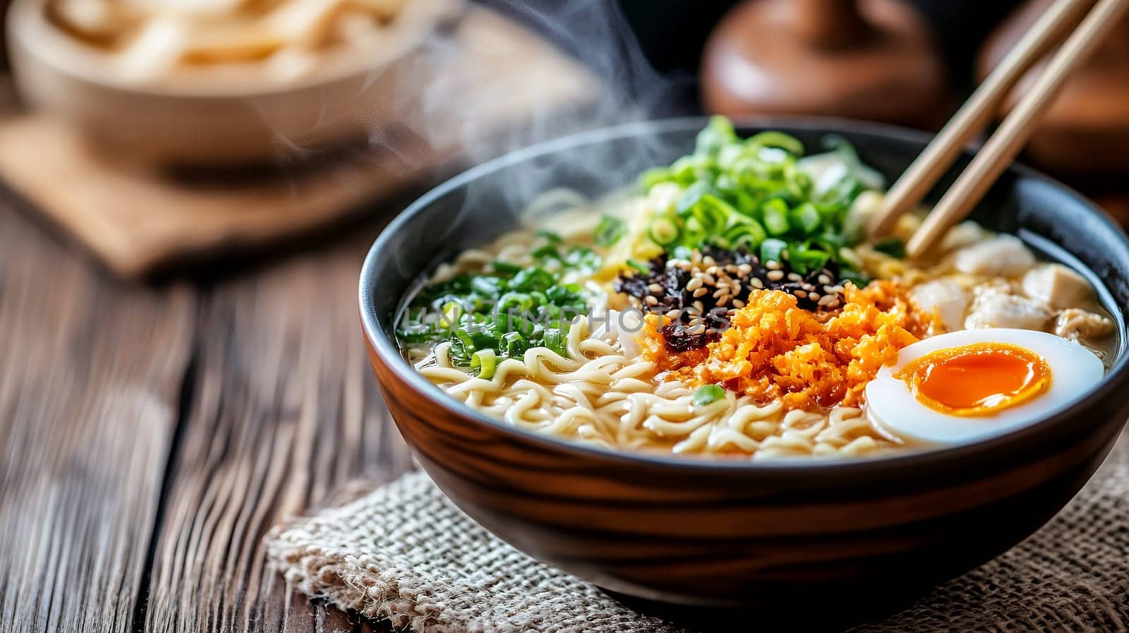 A steaming bowl of ramen noodles garnished with egg, vegetables, and spices, showcasing culinary delight.
