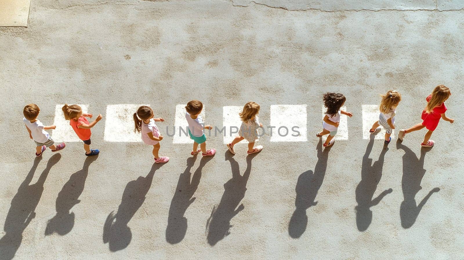 A group of children walking in line across a crosswalk, casting long shadows on a sunny day.