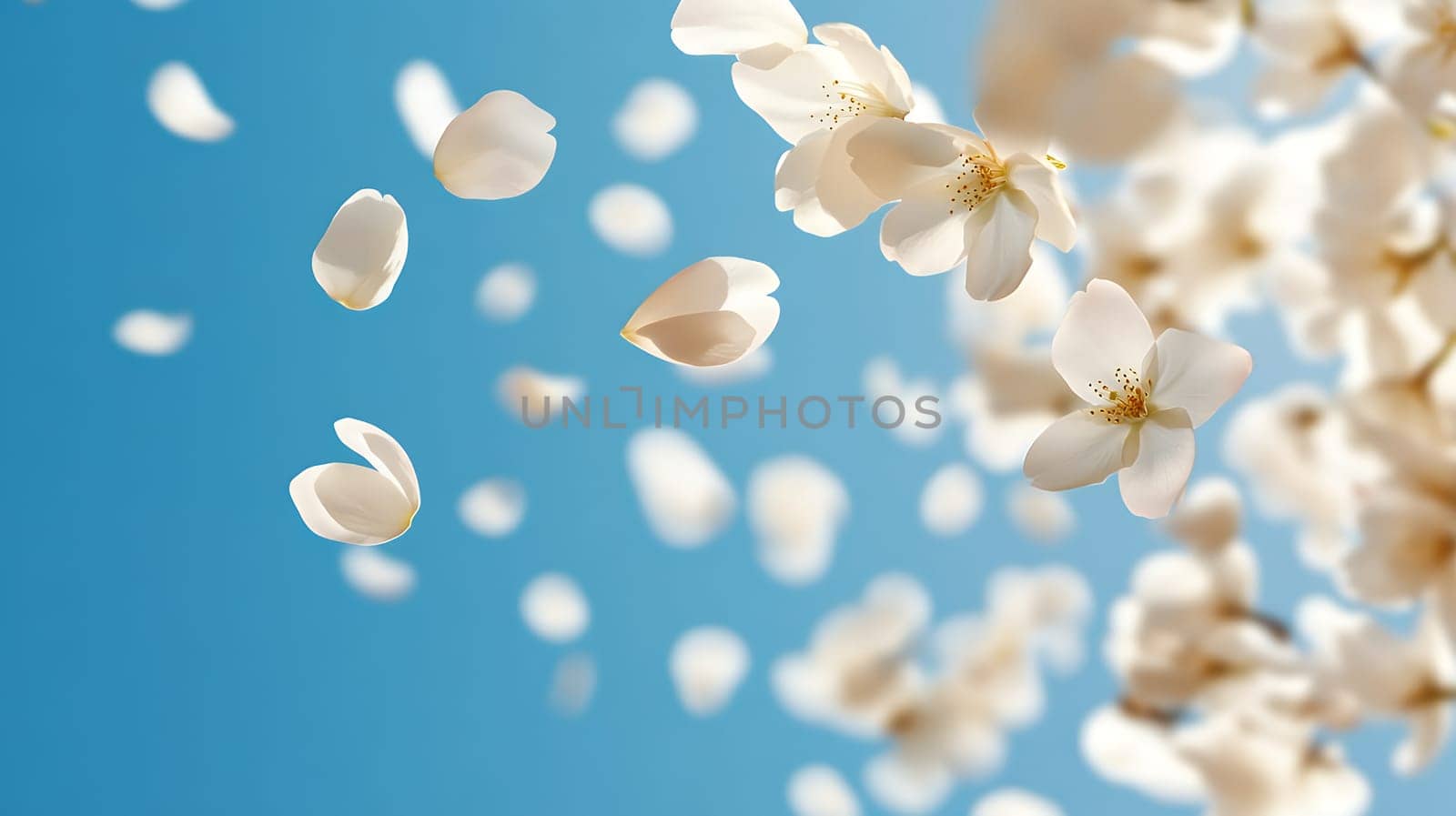 Delicate white petals gracefully fall against a blue sky, capturing the essence of a gentle spring breeze.