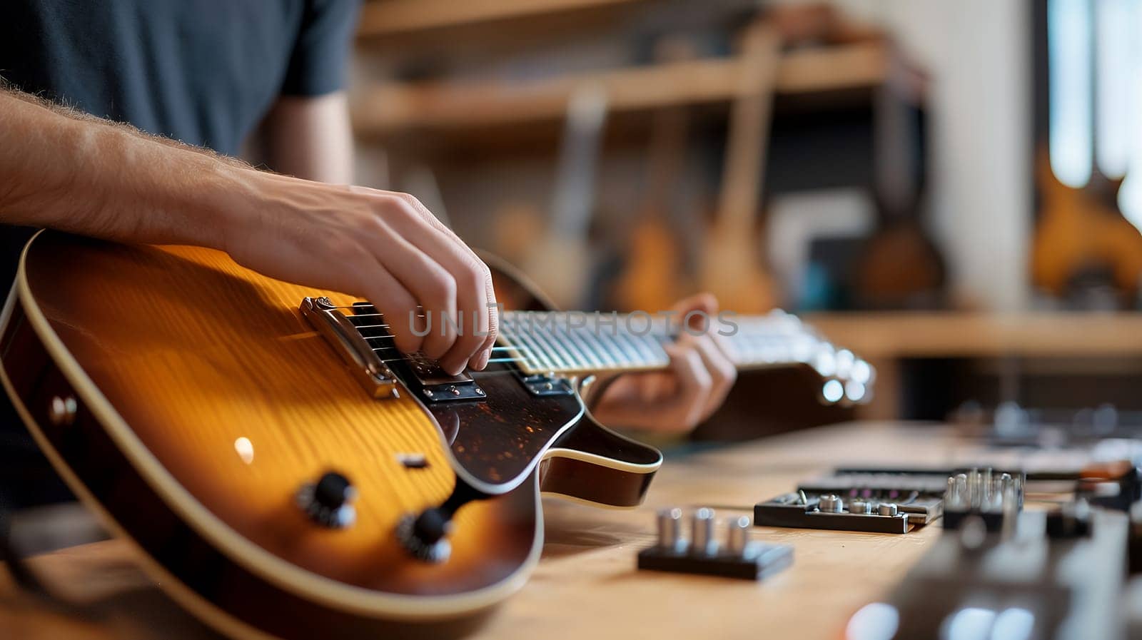A musician strumming an electric guitar in a workshop, showcasing skill and passion for music.