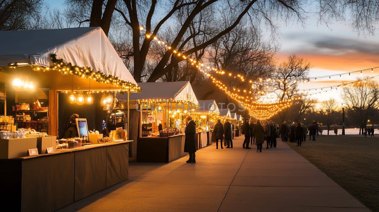 A vibrant evening market with twinkling lights and bustling stalls, capturing the festive atmosphere.