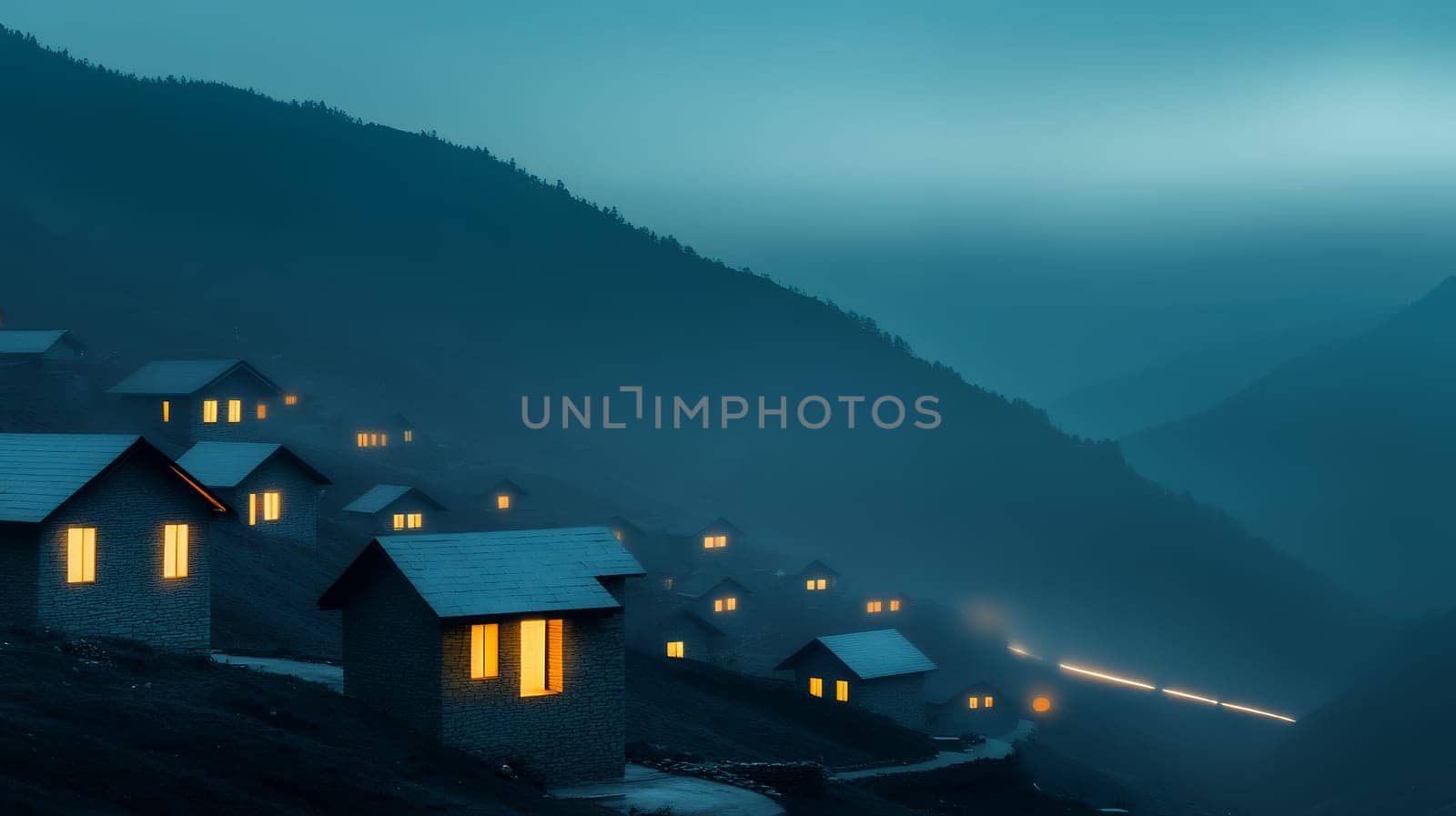 A serene mountain village with glowing windows at dusk, enveloped in mist, creates a peaceful atmosphere.