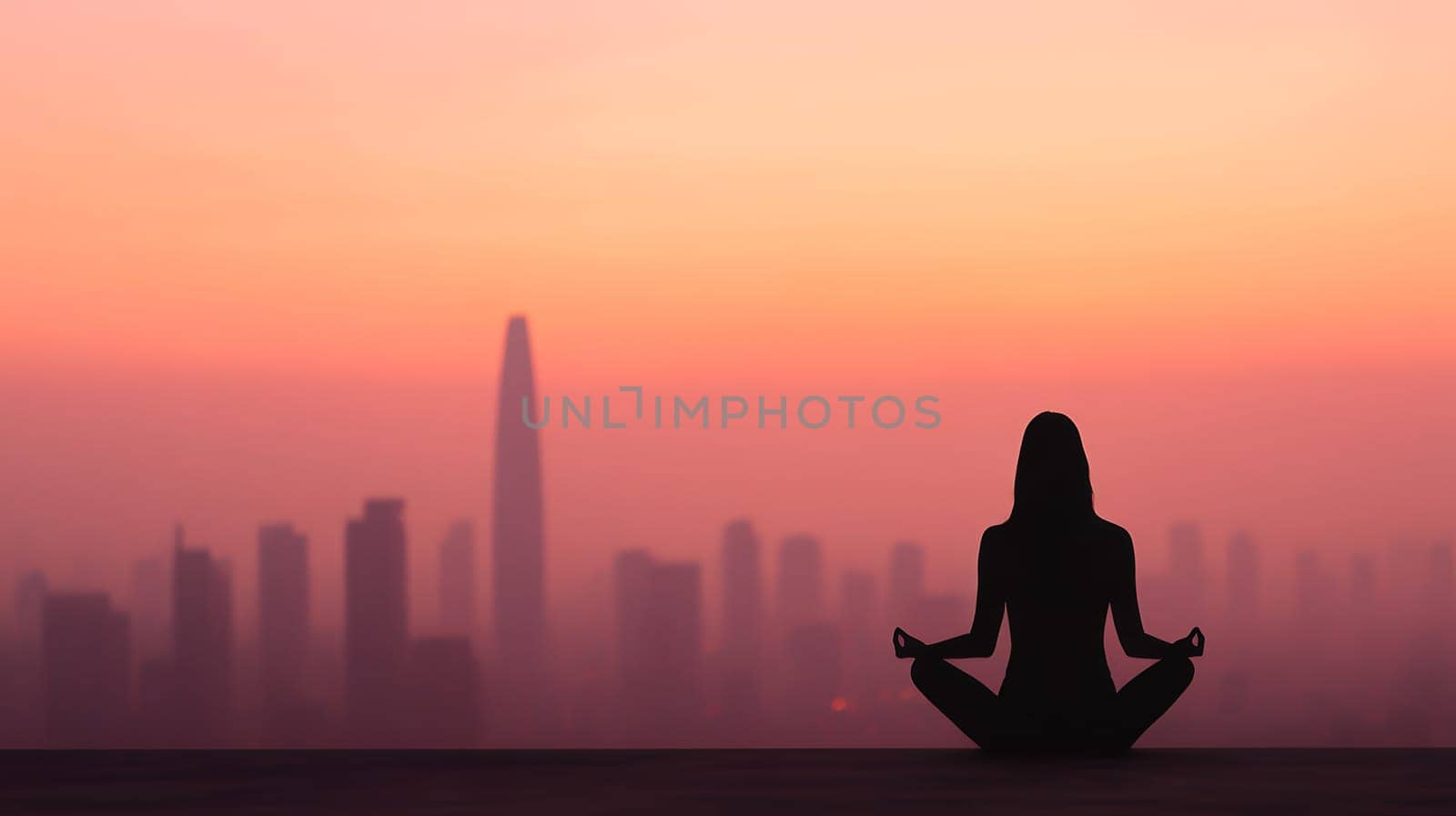 A silhouette of a woman meditating against a city skyline at sunset, embracing peace and reflection.
