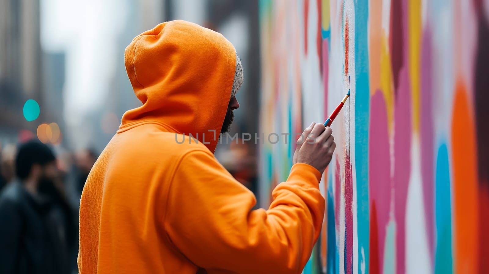 A street artist in an orange hoodie paints a colorful mural on an urban wall, adding vibrant creativity to the city.