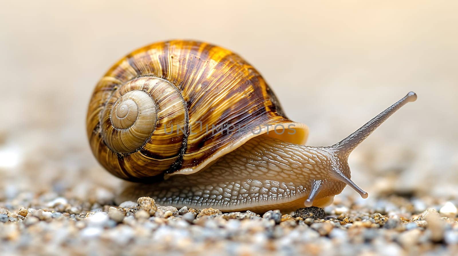 A close up view of a snail with a beautifully patterned shell crawling on a gravel surface, highlighting its textures.