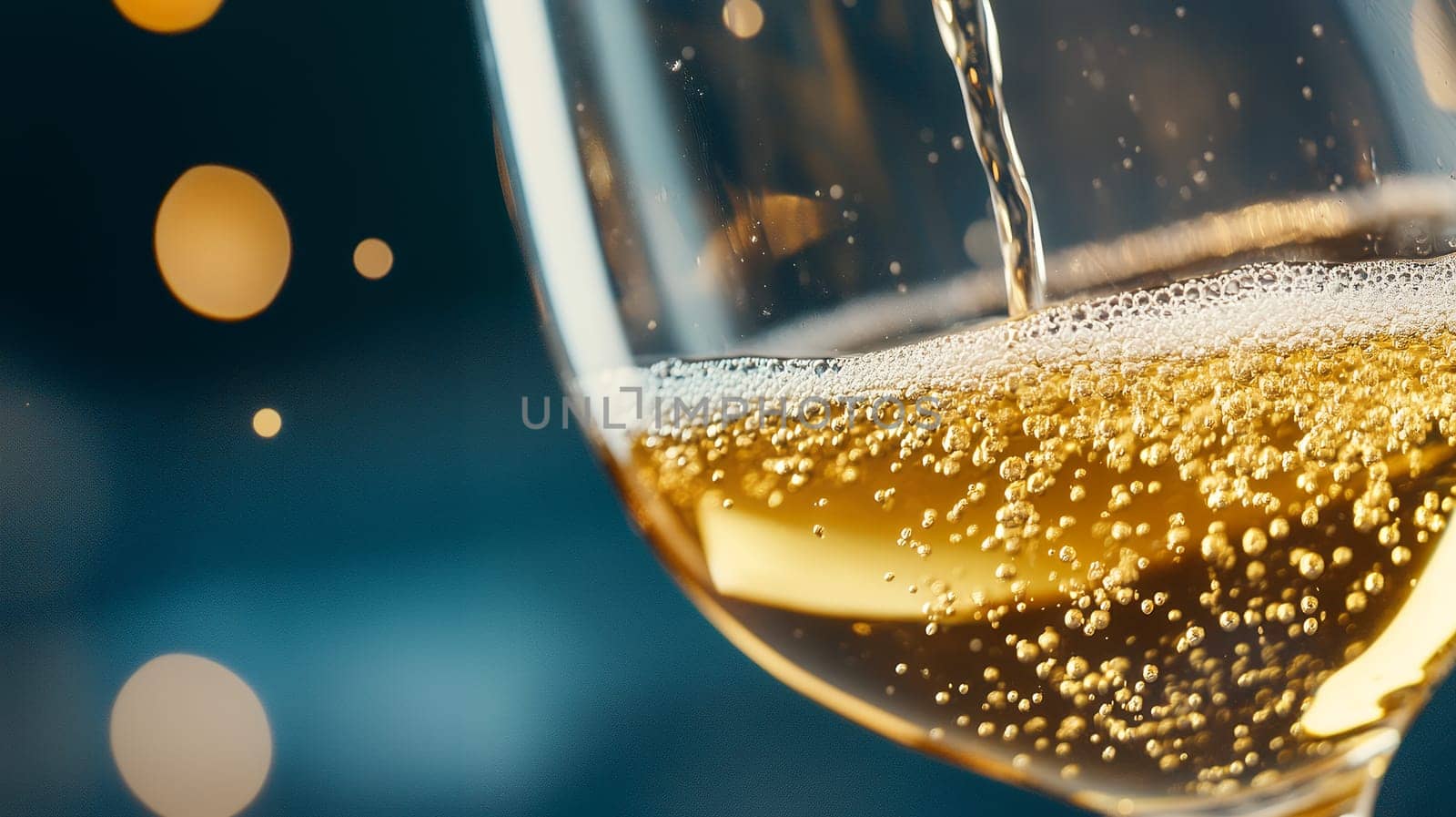 Close up of sparkling wine being poured into a glass, highlighting bubbles and festive cheer.