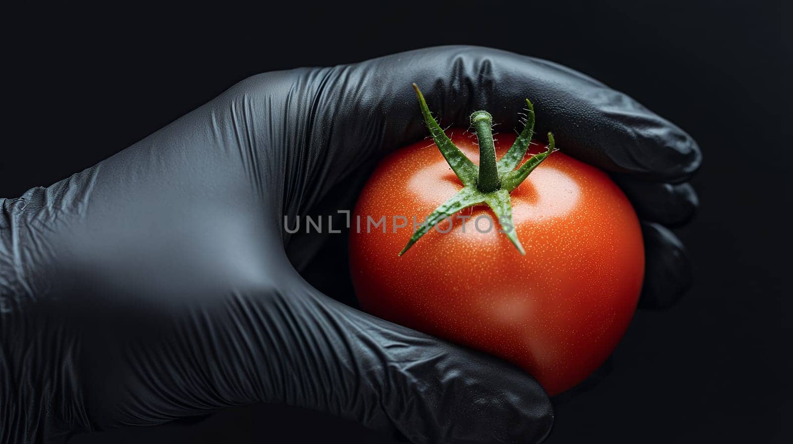 A vibrant red tomato held in a black gloved hand against a dark background, highlighting freshness and hygiene.