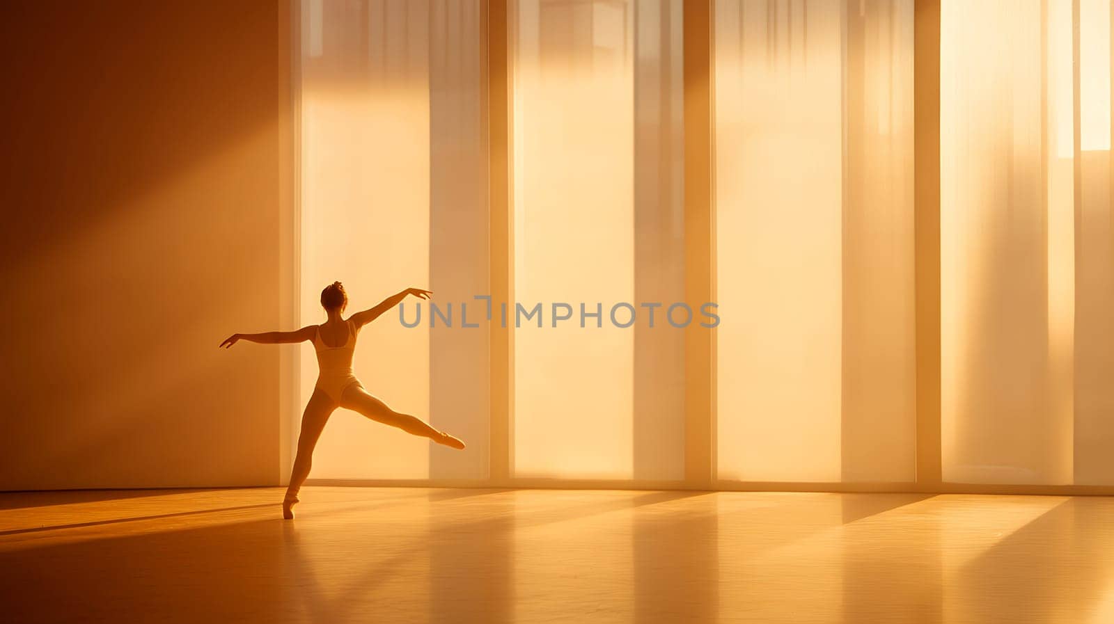 Graceful ballet dancer performing in a studio filled with warm, golden sunlight streaming through large windows.