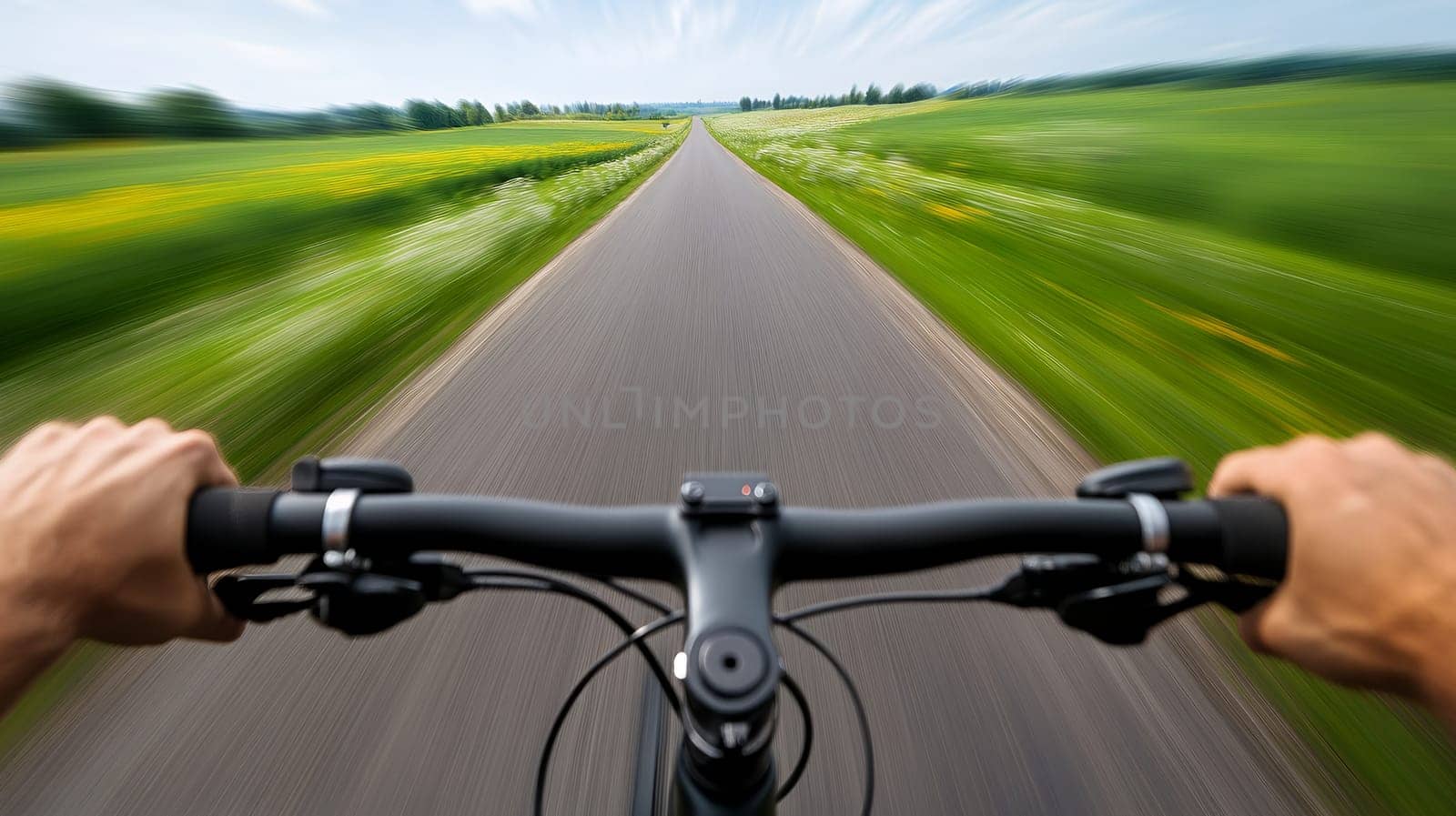 A cyclists view speeding through a scenic countryside, capturing the thrill of biking adventures.