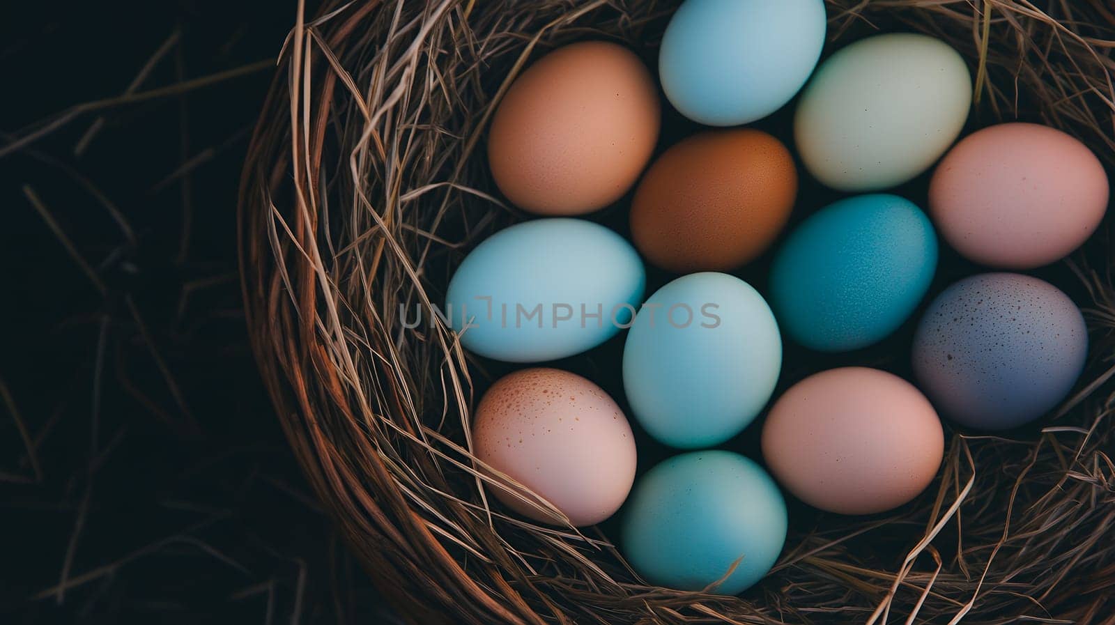 A nest filled with vibrant, multicolored eggs, symbolizing new beginnings and springtime.